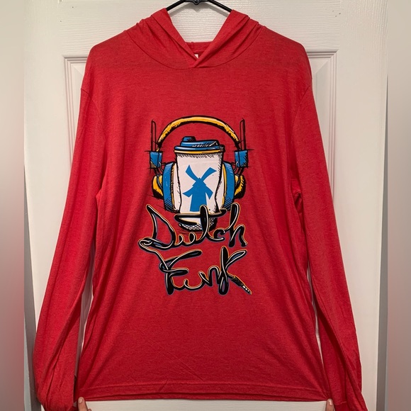 Men’s custom L Dutch Bros long sleeve red hoodie t-shirt with “Dutch Funk” logo. - Picture 1 of 10